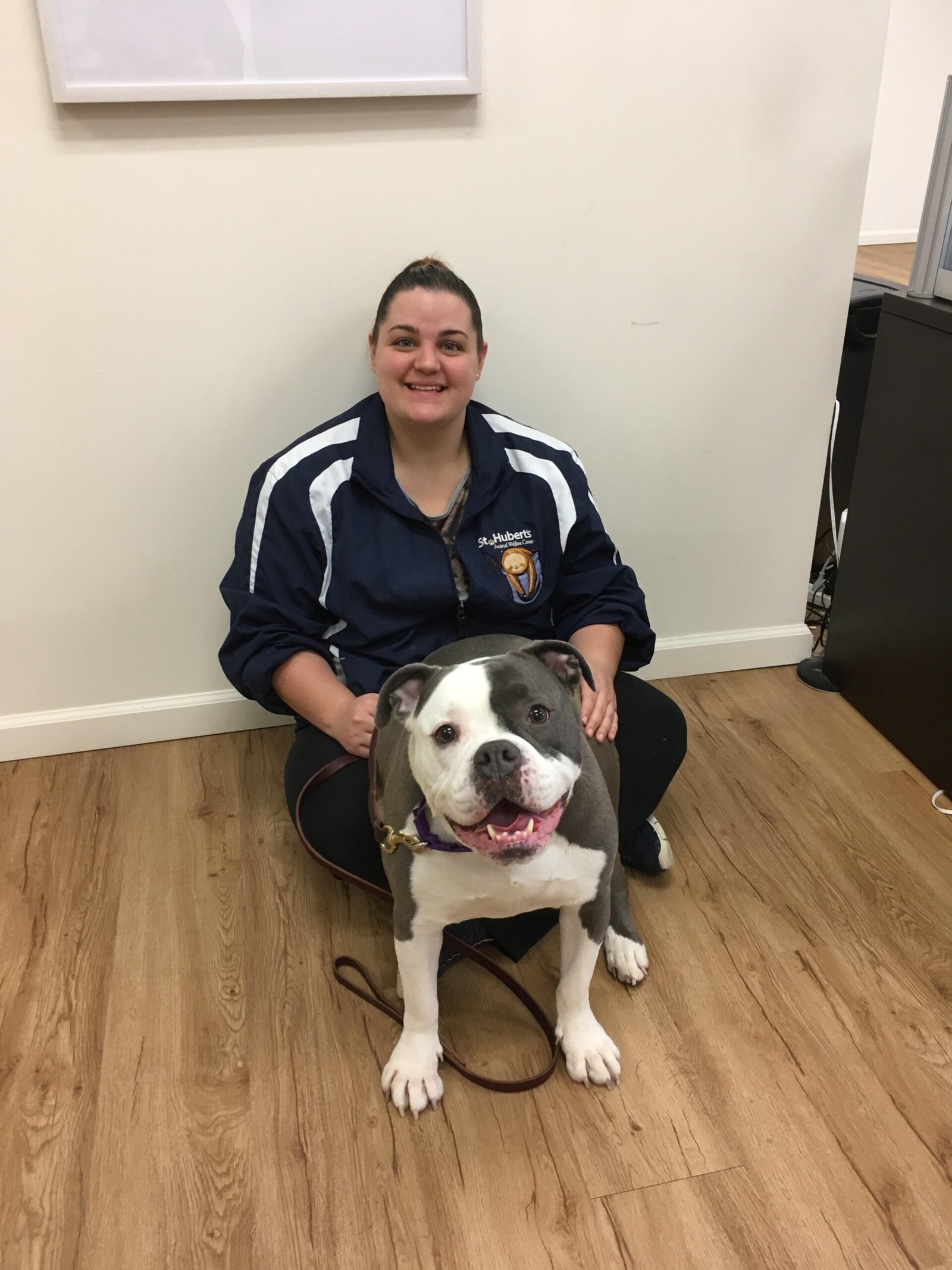 Instinct trainer Amber Byleckie sitting with a pit bull mix